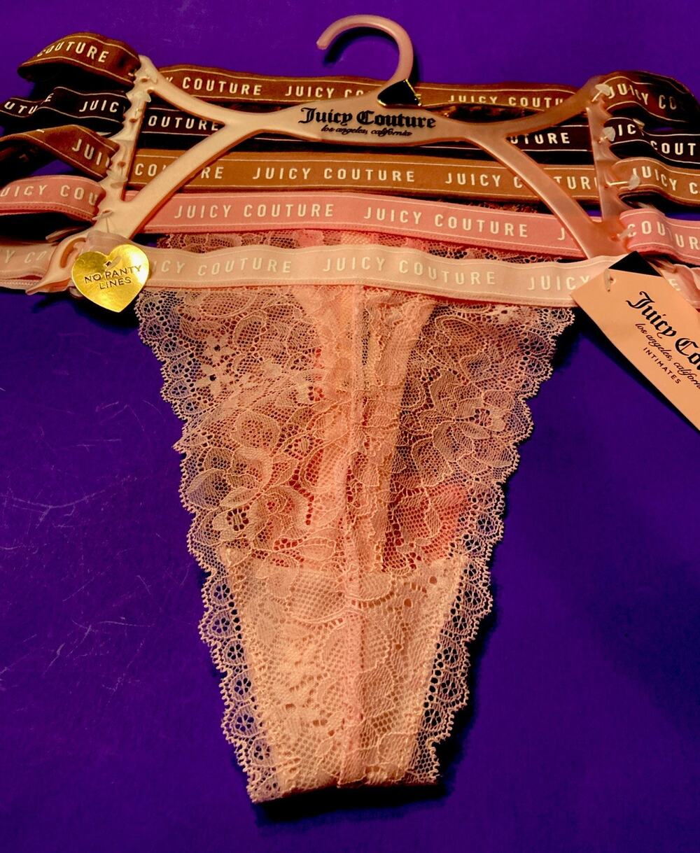 JUICY COUTURE 5 PACK SEXY LACE ASSORTED PINK LOGO THONGS/ Large/ MSRP $38